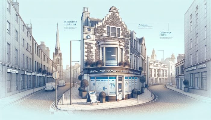 A tranquil street in Aberdeen showcasing a modern GP surgery and private clinic with diabetes testing signs under a clear sky.