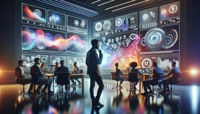 A video producer reviewing audience feedback with expert consultants in a modern studio.