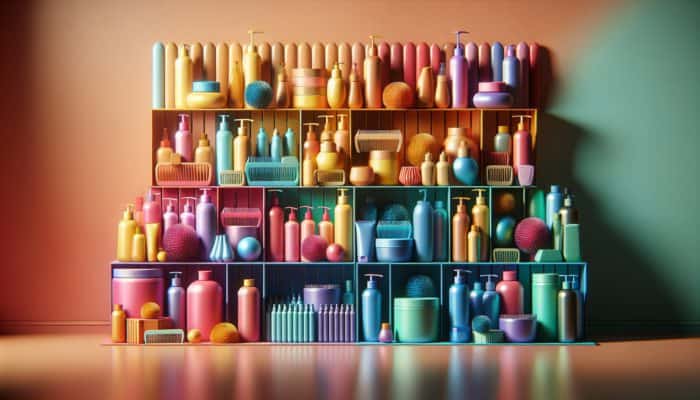 A range of diverse budget-friendly hair care products displayed on a vibrant shelf, showcasing price tags and ingredient labels.