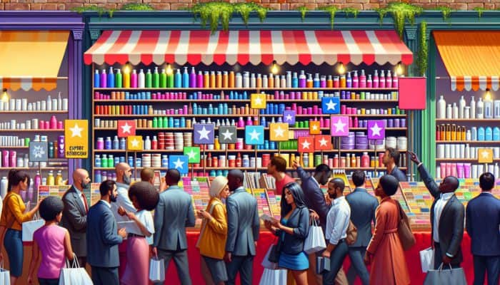 A lively UK marketplace stall featuring affordable hair products, expert recommendations, and a diverse group of customers browsing.
