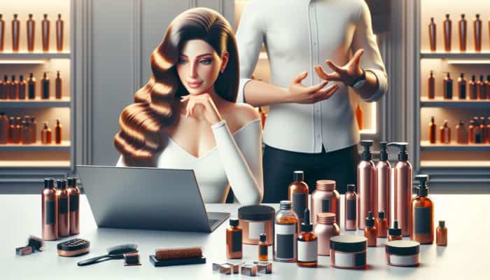 Individual with healthy hair using a laptop to explore hair care blogs and tutorials, featuring a stylist and products in a salon.
