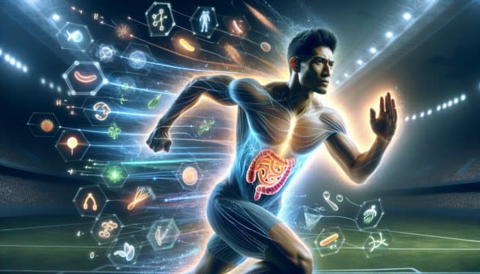 Athlete with a healthy gut microbiome, surrounded by nutrients and energy, demonstrating enhanced performance and recovery.