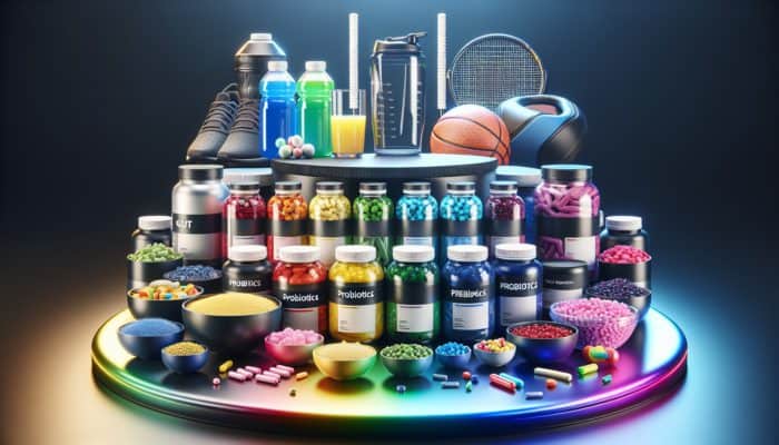 Gut health supplements, including probiotics and prebiotics, displayed on a modern table alongside athletic gear and a sports drink.