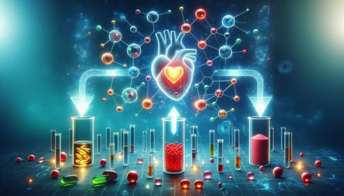 Diagram illustrating omega-3 and vitamins enhancing heart health, alongside vitamin E's adverse effects with blood thinners in a laboratory context.