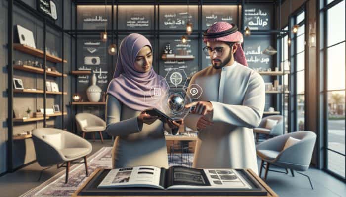 Small business owner showcasing AR on smartphone to customer in a contemporary store, enhancing digital shopping.