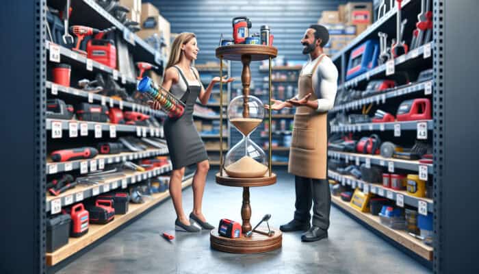 Individual negotiating tool rental discounts in a hardware store, surrounded by tools, with a calendar and price comparison chart.