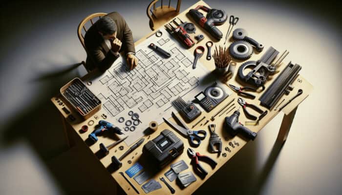 An individual strategising tool rental savings with tools, coupons, and loyalty cards laid out on a desk.