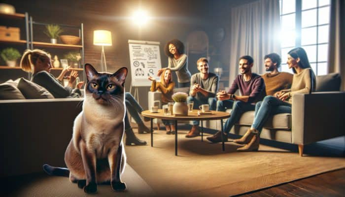 A Burmese cat confidently socialising with people in a cosy, well-lit living room.