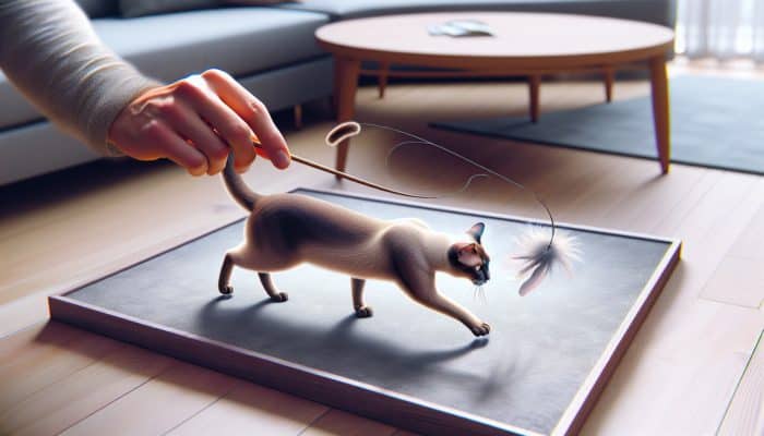 Burmese cat chasing feather wand, guided by human hand, in cosy living room.