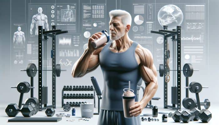 An elderly man drinks a BCAA shake in a gym, showcasing muscle recovery and reduced soreness.