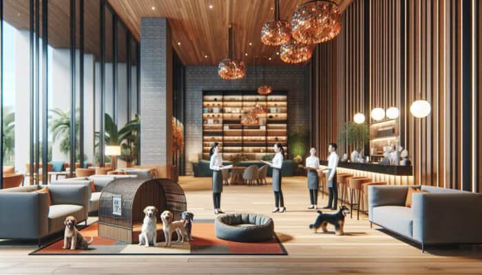 A charming hotel lobby featuring a pet-friendly area, including a pet spa and dog beds, with staff engaging guests and their pets.