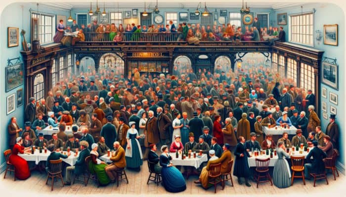 A historic bar with patrons from various eras, highlighting cultural significance and community spirit.