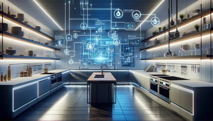 A modern commercial kitchen with smart water monitoring systems showing real-time data on a digital interface.