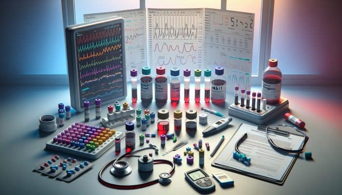 Diabetes Blood Test in Bournemouth: Vials of blood, diabetes test kits, and a chart tracking blood sugar levels over time.