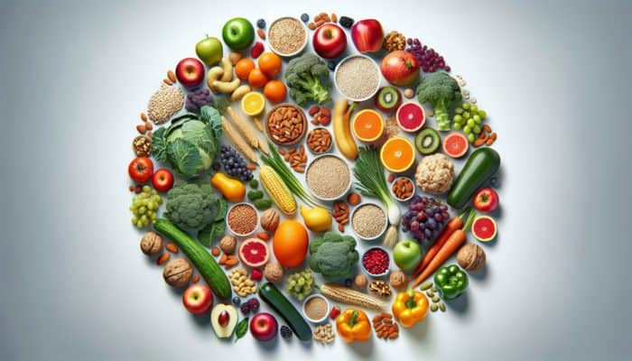 A colourful display of whole foods like fruits, vegetables, grains, and nuts, highlighting their health benefits.