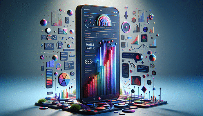 A smartphone displaying an optimised website with title tags, set against graphs illustrating mobile traffic and SEO performance.