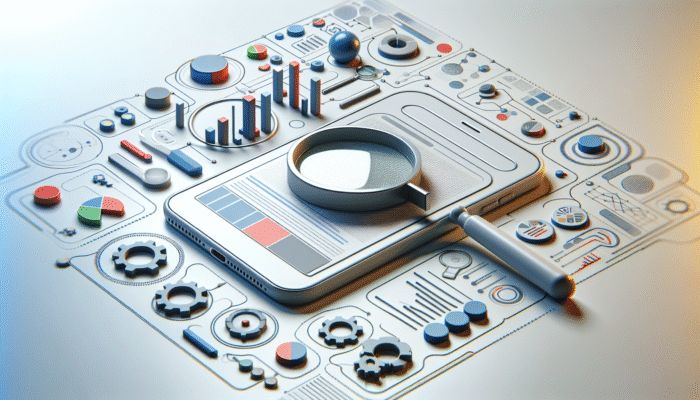 Smartphone displaying search results featuring optimised title tags, magnifying glasses, and graphs for mobile search optimisation.