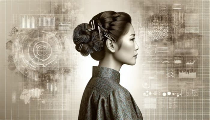 Elegant woman with a secure French twist, using quality hairpins and hairspray, maintaining a flawless look with adjustments.