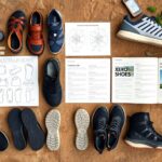 Various pairs of athletic shoes and Xero Shoes sandals are arranged on a dirt surface alongside open books, charts, a smartphone, a ruler, a compass, and a carabiner, creating the perfect setting for an exploration guide.