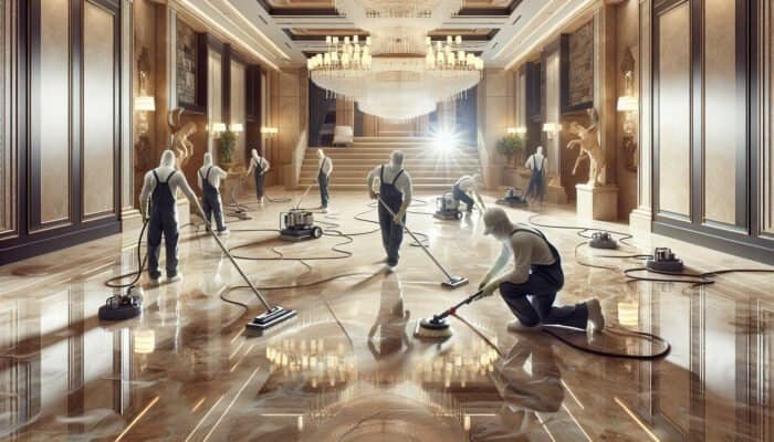 Sutton's team restoring travertine floor to its brilliant shine.