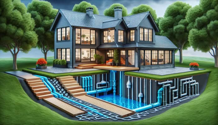 Modern West End home equipped with sump pump and French drains preventing flooding and directing water away.