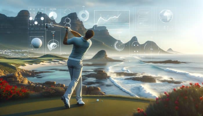 Best Golf Workouts For Mobility: A golfer on a South African coastal links course, demonstrating perfect swing form with enhanced mobility, surrounded by varied landscapes.