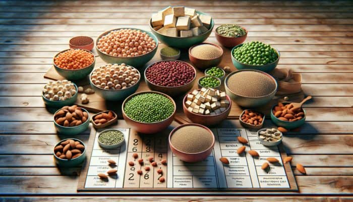 Rise of Plant-Based Protein: An array of plant-based proteins like lentils, chickpeas, and tofu on a sustainable wooden table.