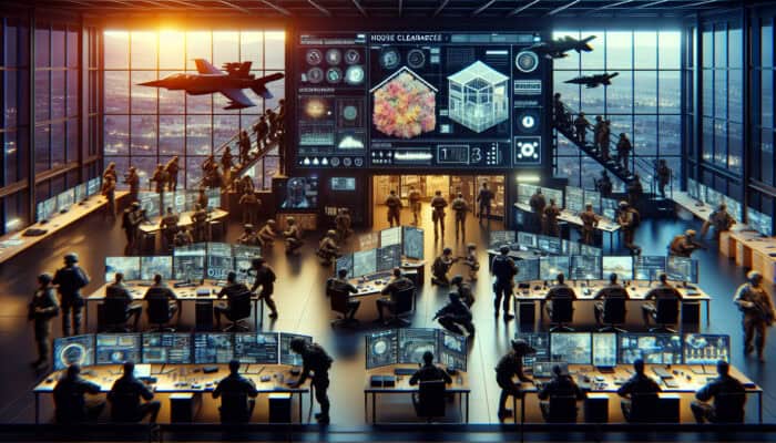 Diverse teams in tactical operations center coordinating house clearance with advanced tech and real-time drone footage.