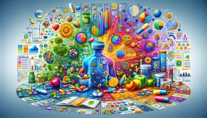 A colourful infographic illustrating the benefits and applications of dietary supplements, catering to various learning styles.