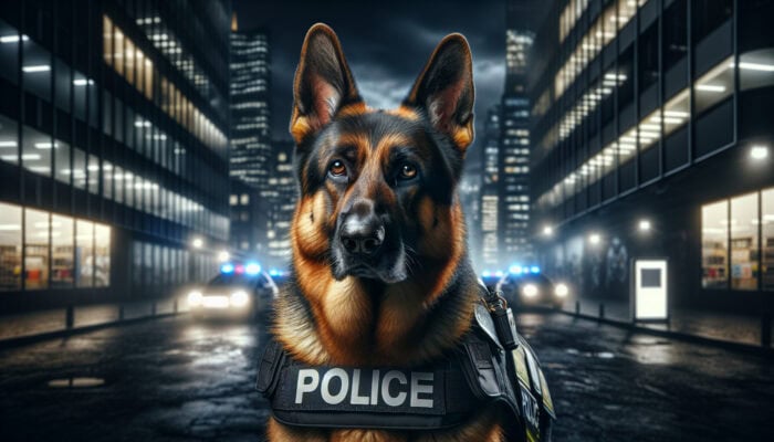 A vigilant German Shepherd in a police uniform, standing guard in an urban setting at night.