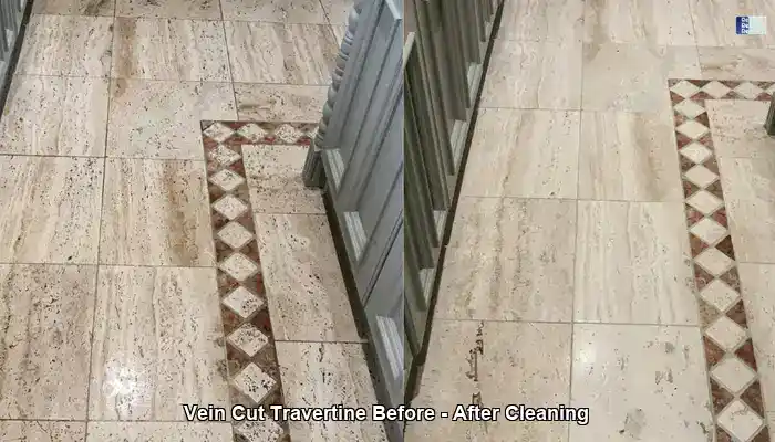 Travertine floor showing dullness, pitting and dark grout lines before restoration