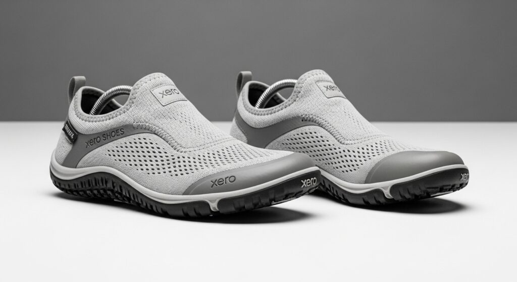 A pair of light gray slip-on athletic shoes with mesh uppers, rubber soles, and "Xero Shoes" branding offers all-day comfort and walking excellence, set against a plain gray and white background.