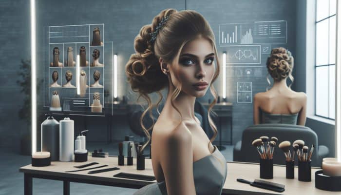 Woman showcasing various elegant updos in a contemporary salon environment.