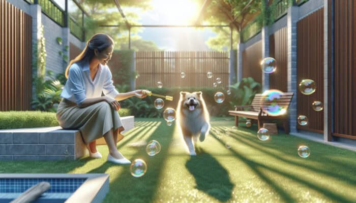 A dog safely playing with bubbles in a hazard-free yard under supervision on a sunny day.