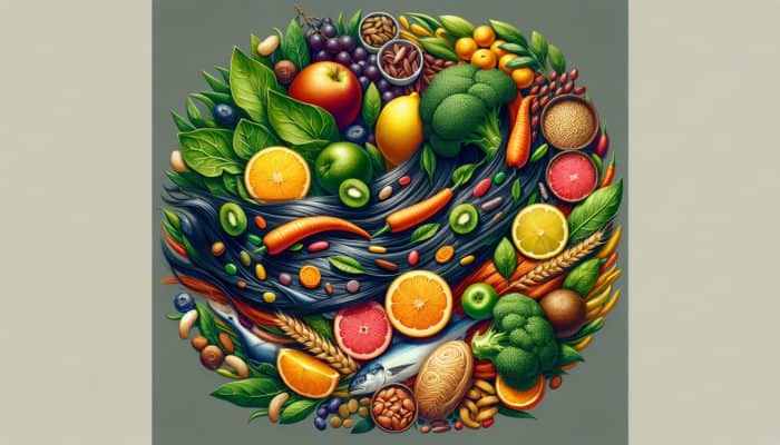 A still life of nutrient-rich foods symbolising strong, healthy hair strands.