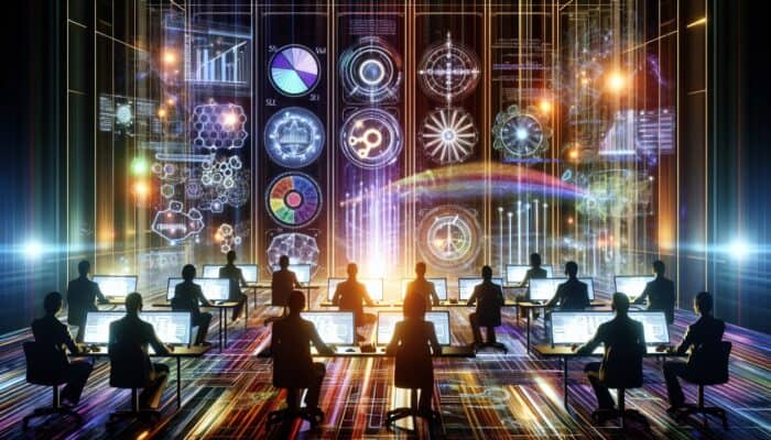 Team of SEO experts in a high-tech office analysing data on screens with machine learning for trend prediction and keyword performance charts.