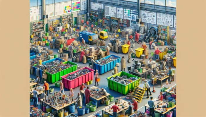 A recycling centre with people sorting electronics and hazardous waste, and a charity shop receiving donations.