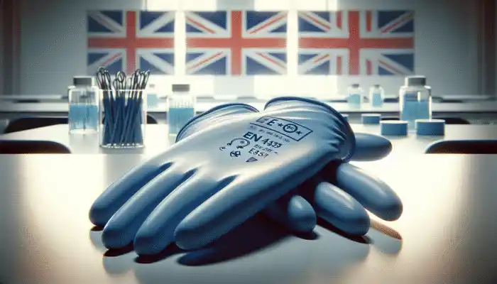 Blue nitrile gloves on a sterile lab table, showcasing EN455 and EN374 stamps, Union Jack, and EU symbols in the background.