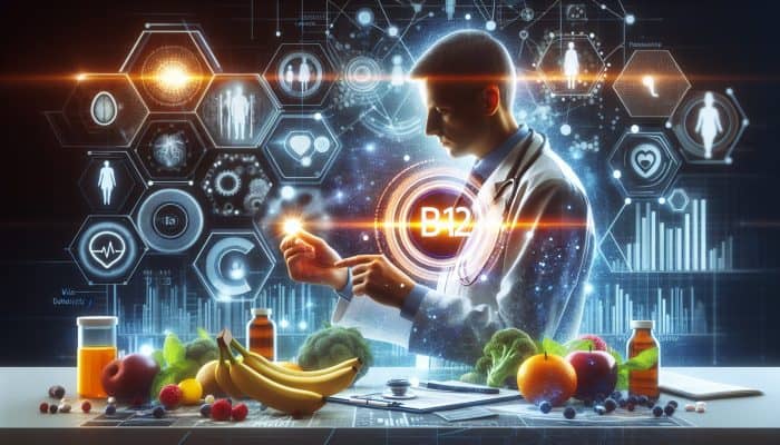 A healthcare professional in a Motherwell clinic examines low vitamin B12 test results on a screen, surrounded by health charts, fresh foods, and supplements.