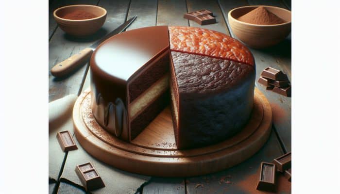 Two cakes on a rustic table: one dark and smooth from Dutch-processed cocoa, the other lighter with vibrant flavour from natural cocoa.
