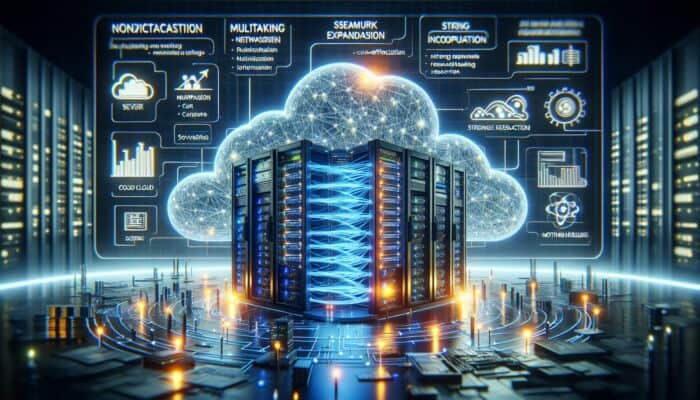 High-tech server room with glowing digital threads connecting servers and clouds, symbolising efficiency, scalability, and reliability in modern hosting.