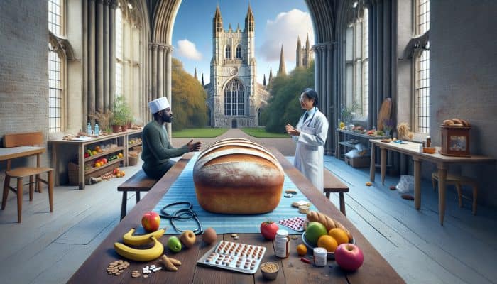 In Canterbury, a person consults a doctor about gluten intolerance testing while eating bread, surrounded by medical charts, pill bottles, and fresh produce.