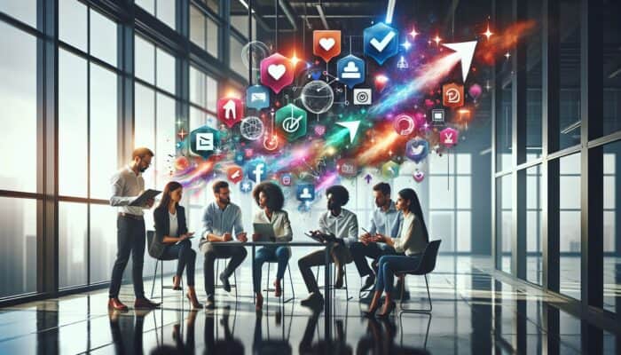 Diverse team in a modern office discusses social media challenge ideas, viewing laptops with feedback graphs and floating icons.