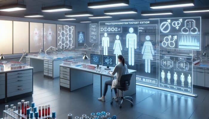 A scientist in a modern UK lab compares testosterone test results on screens for male and female patients, showing blood samples, gender icons, and hormone charts.