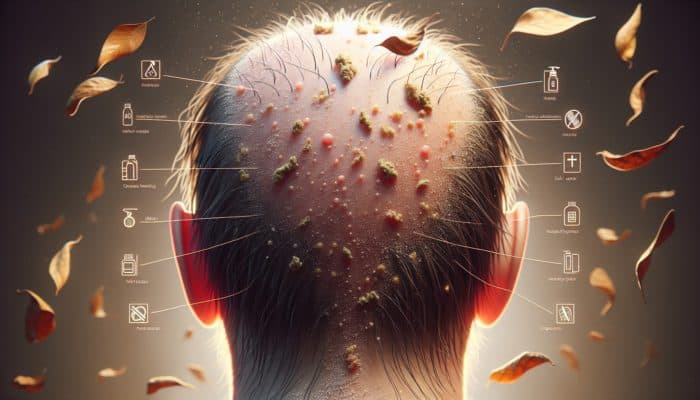 Executing Dandruff Flake Solutions: Close-up of a scalp with persistent dandruff flakes, oily buildup, fungal spores, dry leaves in the background, and irritant-labeled hair care bottles.