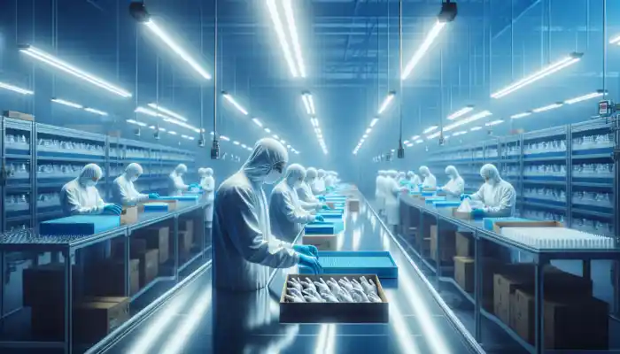 Sterile Gloves Supplier in Chichester: A sterile warehouse in Chichester, UK, with workers in white coats inspecting and packaging medical gloves under bright lights.