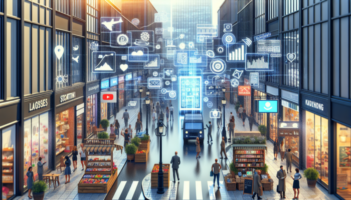 Vibrant Keynsham street scene showcasing small business owners utilising mobile devices for responsive websites, bustling shops attracting customers under sunny skies.