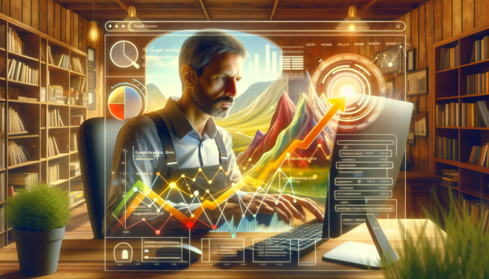 A focused small business owner in a cozy Stonehouse office analyzes rising Google Analytics graphs of website traffic, user behavior, and conversions, symbolising SEO success.