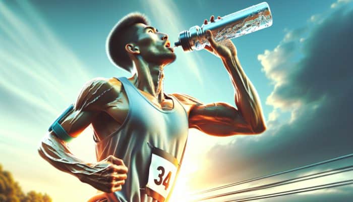 A runner in mid-stride during a marathon pauses to sip from a water bottle, sweat glistening on their determined face under a sunny sky.