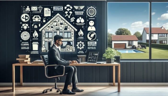Professional in a modern UK home office reviews house clearance on a laptop, surrounded by documents showing testimonials, licenses, and eco symbols, with a clutter-free house visible through the window.
